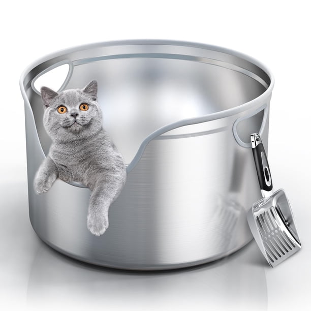 Caja de arena de acero inoxidable con redondo integrado para gatos XL y XXL, lado alto de pared de 12.5 pulgadas, control de olor, fácil de limpiar