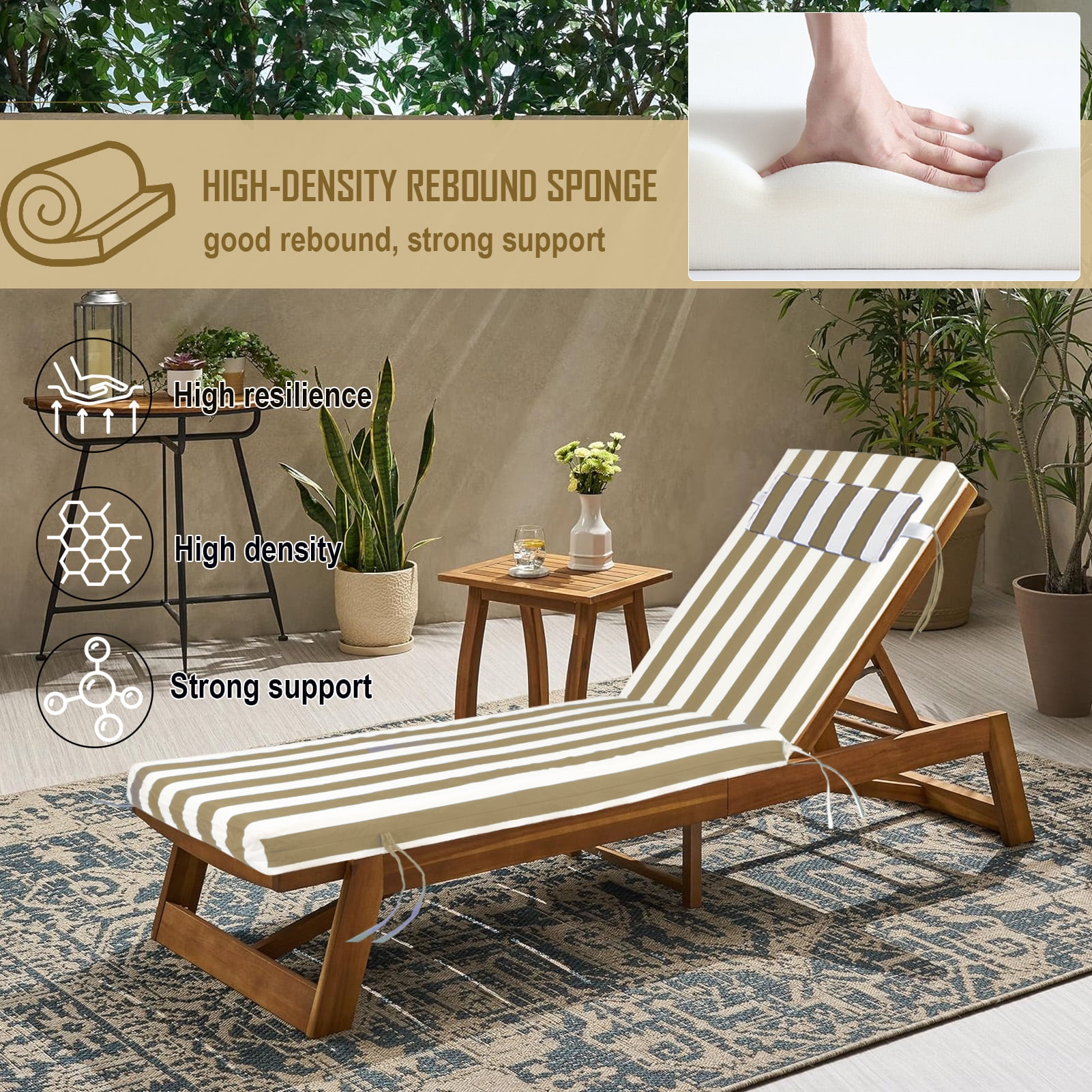 Outdoor Chaise Lounge Cushion with Adjustable Headrest and Straps