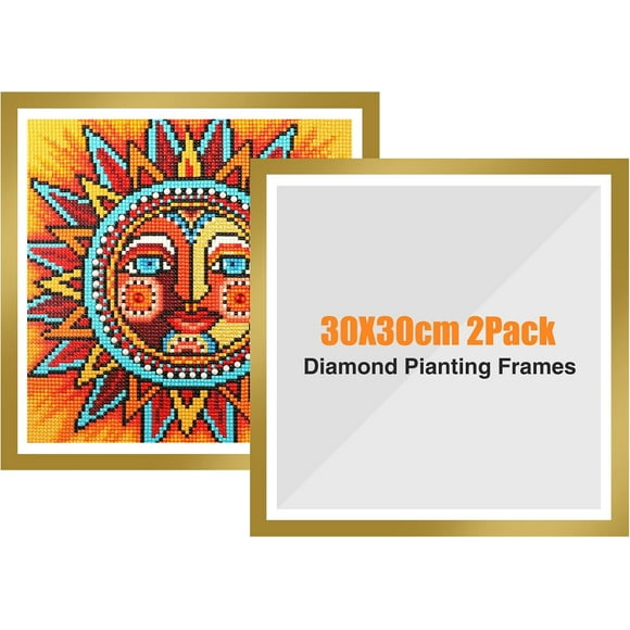 shiyou-Upgraded 2Pack Diamond Painting Frame for 30x30cm Canvas, Magnetic Self-Adhesive Art Frame With Hooks for Wall Window Door (Gold)