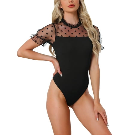 Allegra K Women s Polka Dots Mesh Sheer Short Sleeve Skinny Party Bodysuit Top