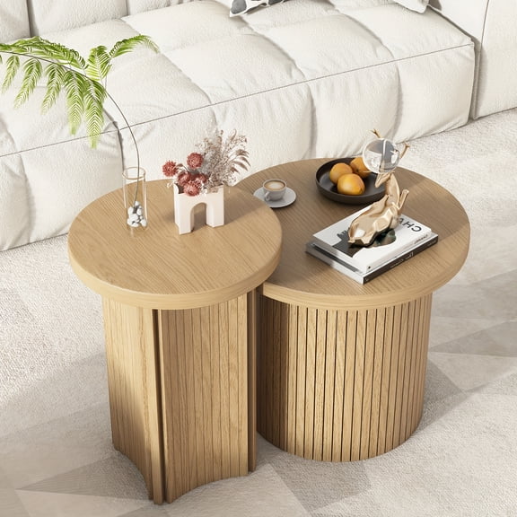 Nesting Coffee Table Set of 2, Modern Round Coffee Table, Circle Side Table, Round Wooden Coffee Table for Living Room, Office, Balcony (Small 2pcs Set)