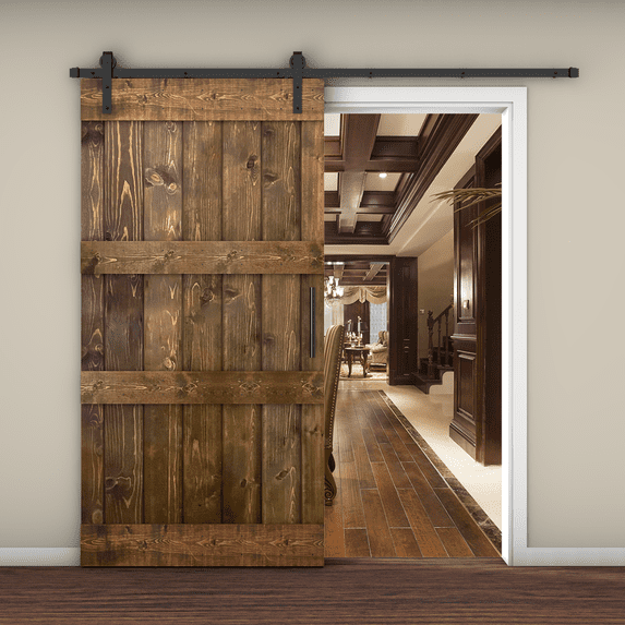 Essencaliy 42in x84in Solid Wood Barn Door, Made-in-USA Farmhouse Interior Sliding Barn Door With 7.42ft Barndoor Hardware Kit (DIY)