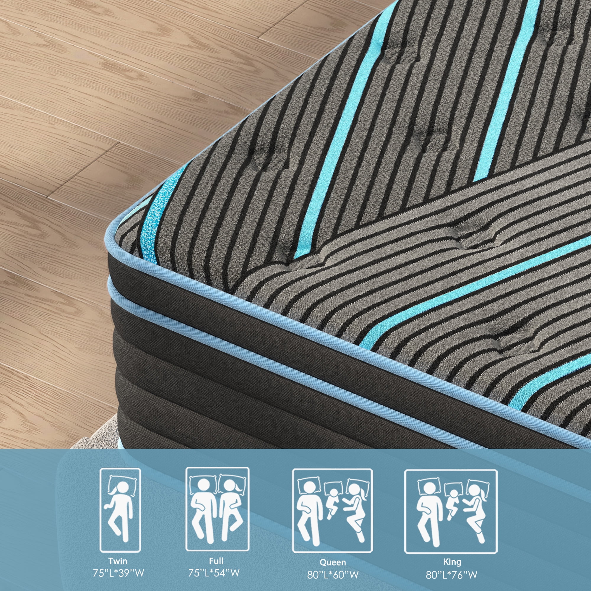 Leumius Queen Size Mattress 12" Hybrid Mattress in a Box,Individually Pocketed Innerspring, Medium Firm,Pressure Relief,Blue