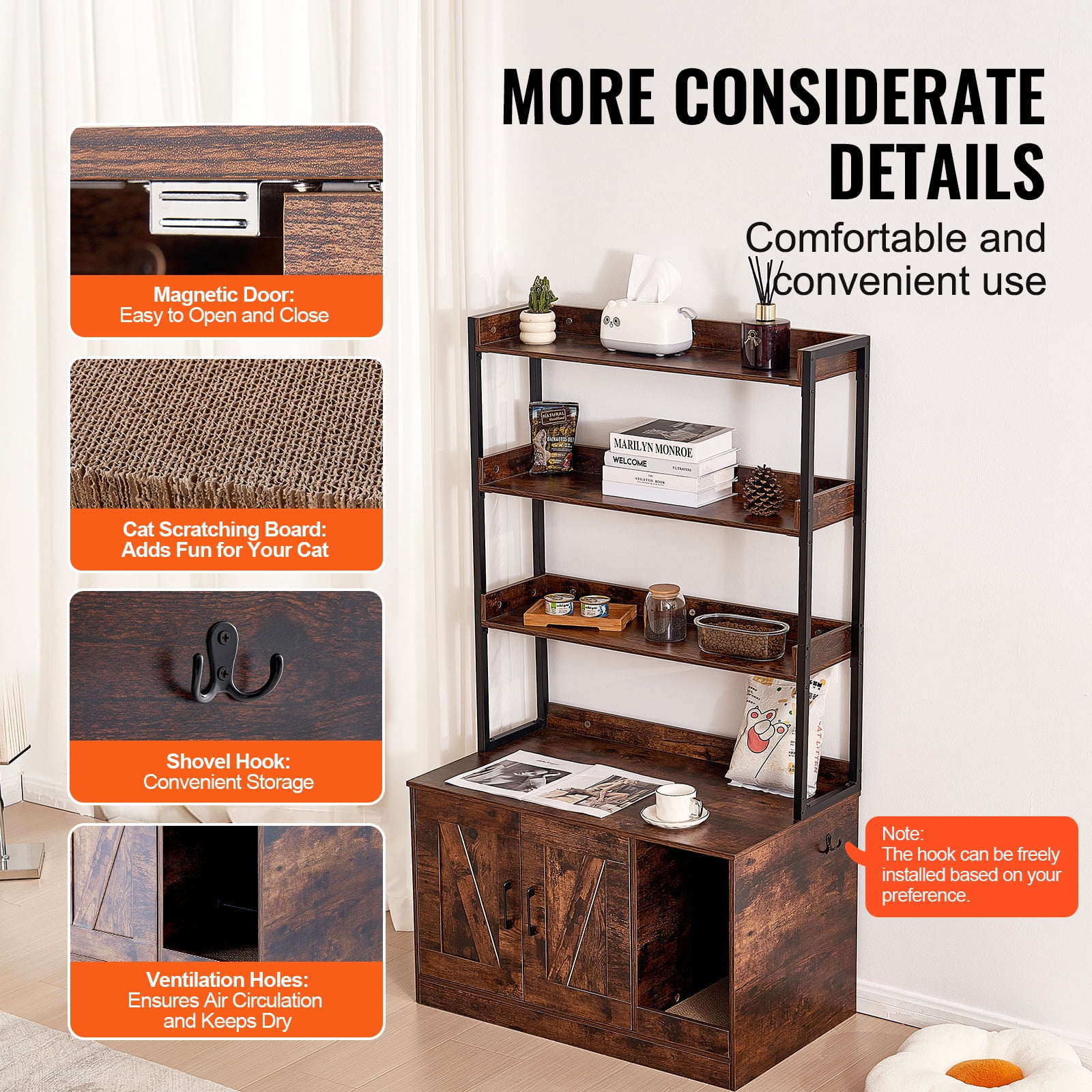 KFFKFF Litter Box Cabinet, Concealed Cat Toilet with Triple Storage, Wood Pet Bathroom for Indoors, Spacious Kitty Enclosure, 33.5"L x 19.3"W x 58.7"H, in Dark Brown