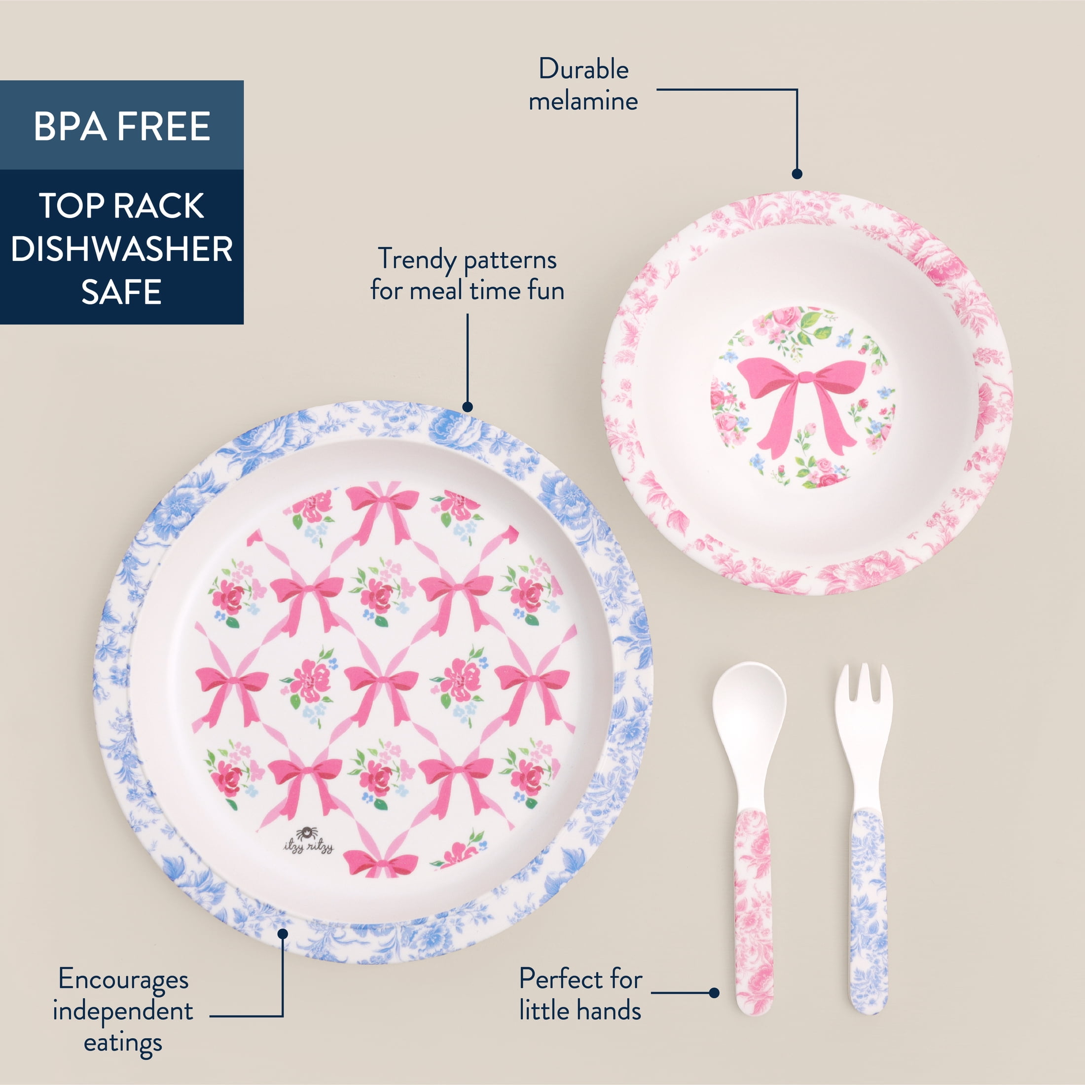 Itzy Bistro Set Ribbons & Roses Melamine Tableware for Kids