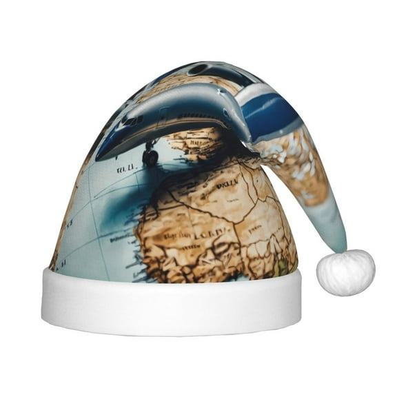 Fuzoiu Airplane World Map Adventure Print Santa Hat Christmas Hat for kids,Santa Hats with Pompom, Unisex Xmas Holiday Hat for Christmas New Year Festive Party Supplies