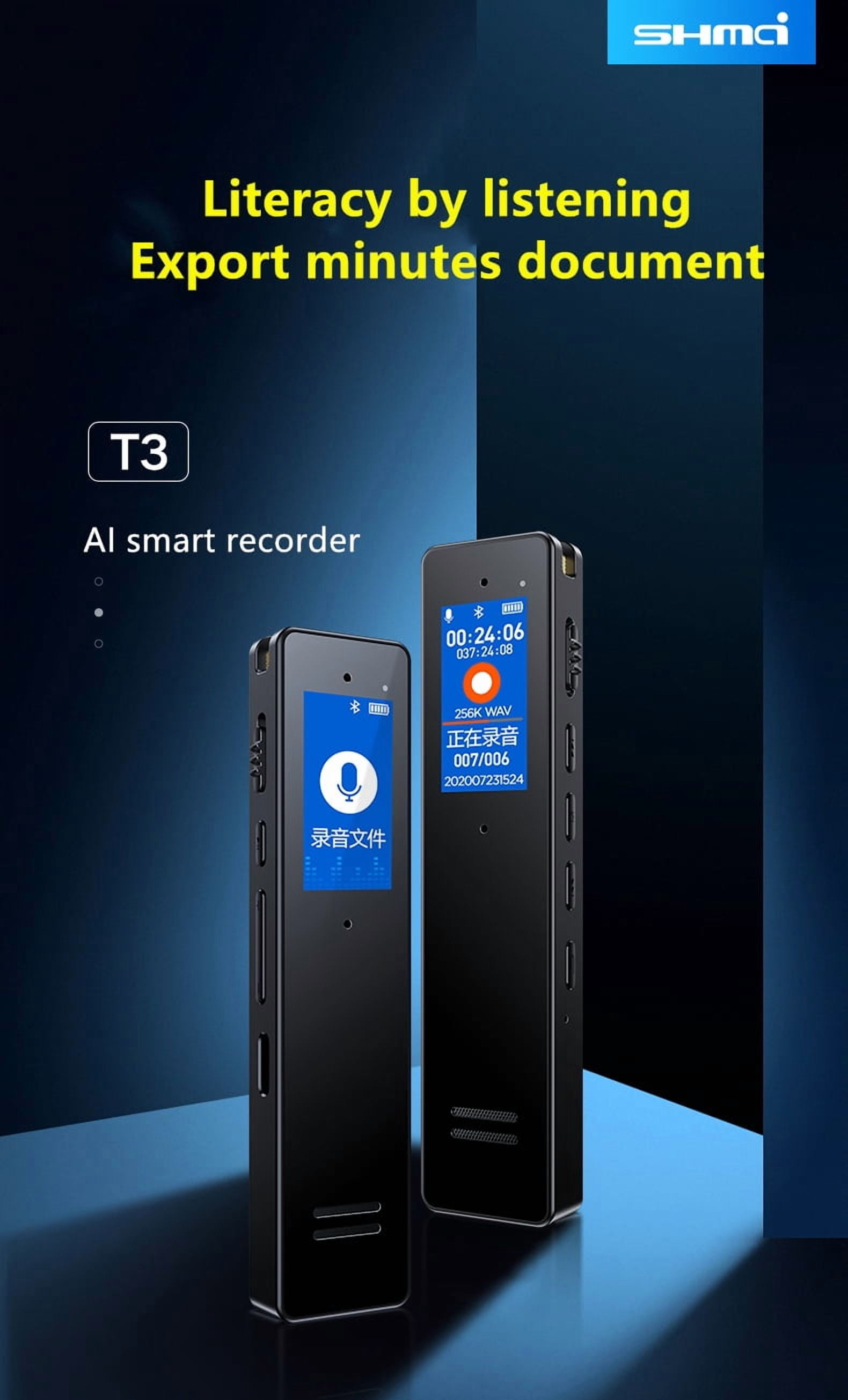 Shmci T3 16GB Professional Speech Recording to Text Bluetooth Digital Voice Recorder Dictaphone AI Smart Translator Meeting Lecture Minutes audio record