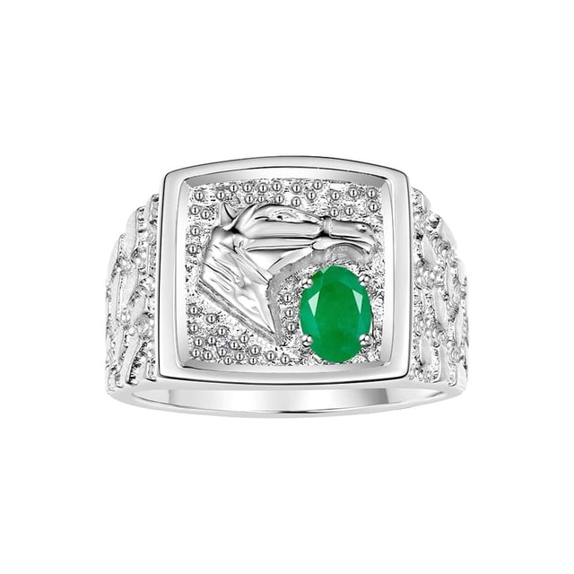 RYLOS Men's Rings Sterling Silver Rings Lucky Nugget Horse Head 6X4MM Oval Gemstone & Diamond Ring Emerald May Birthstone Rings For Men Size 13