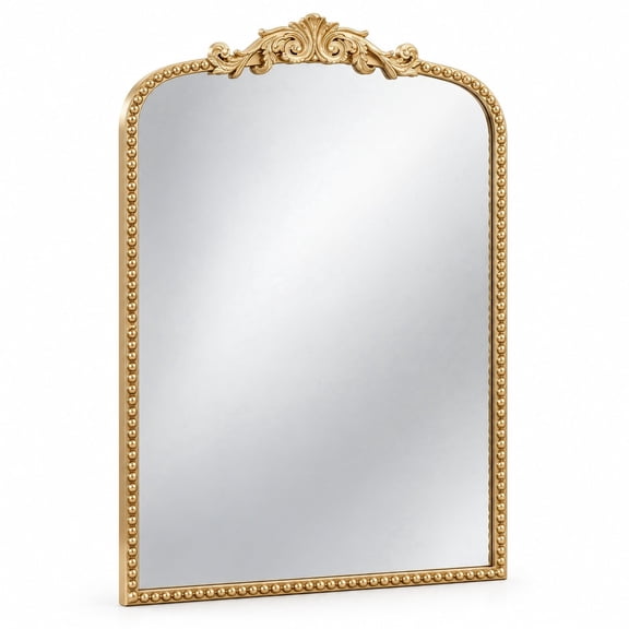 Fenbeli 20 x 30 Inch Arched Wall Mirror with Beaded Iron Frame and Antique Gold Finish, Baroque Decorative Mirror for Bathroom Bedroom Entryway