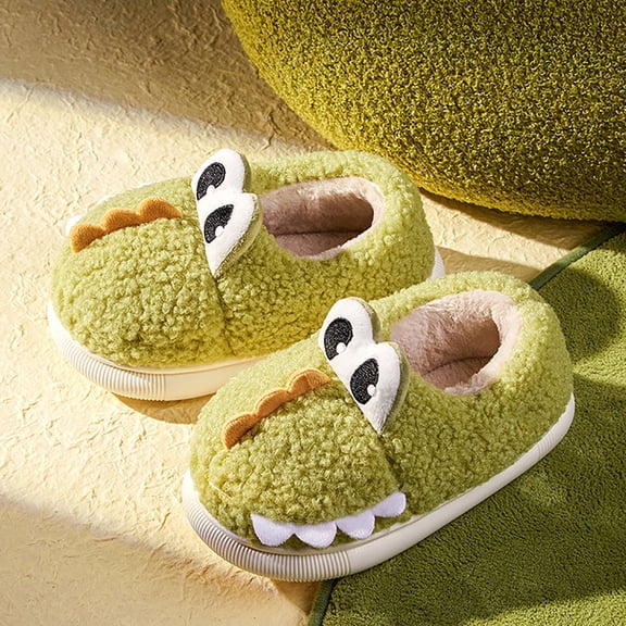 XIMIN Toddler Fuzzy Cute Animal Dinosaur Slippers Cute Soft Fleece Sherpa Cartoon Non Slip Indoor House Bedroom Shoes Kids Fall Winter Warm Slipper