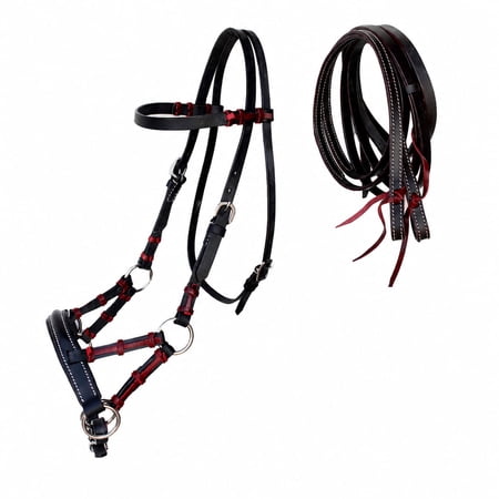 Horse Western Horse Bitless Black Padded Nose Leather Sidepull Bridle with Reins 77RT04BK