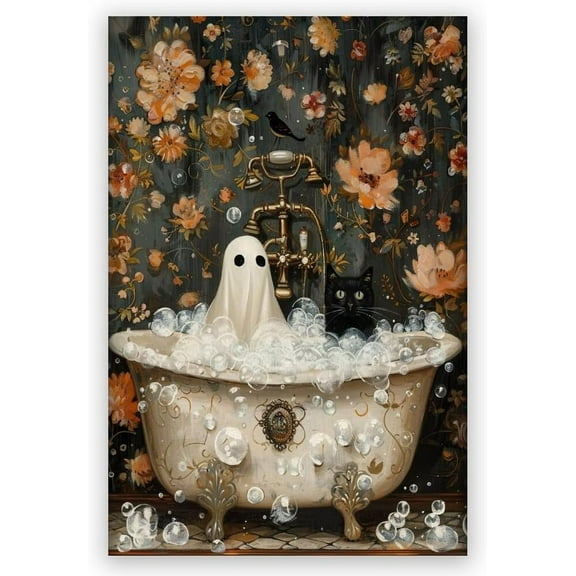 Aaheei Halloween Canvas Wall Art Ghost and Black Cat in Bathtub Bathroom Decor Poster Print Dark Academia Flower Art Gothic Ghosts Face Spooky Bubblebath Room Aesthetic Decoration