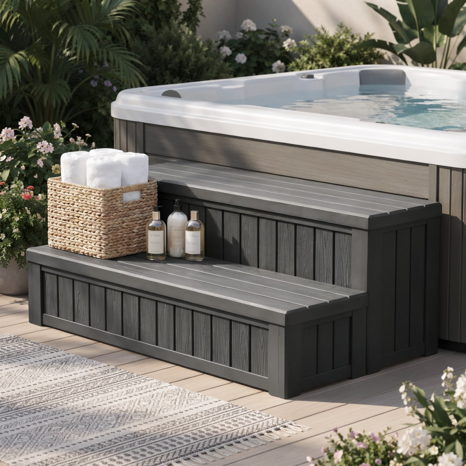 Dovov SPA Hot Tub Steps with Storage, Anti-Slip SPA Steps 36.6" Spa Hot Tub Storage Steps Indoor Outdoor Hot Tub Deck Step Swimming Pool Stairs, 780 lbs Capacity, Black