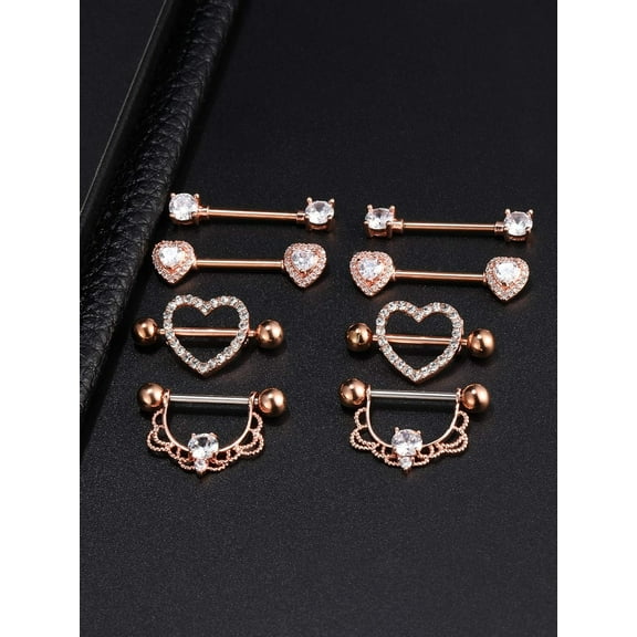 GHRTGR-4 Pairs Stainless Steel Nipple Tongue Rings Piercing Body Jewelry Barbell CZ Heart Shape Rings for Women Girls