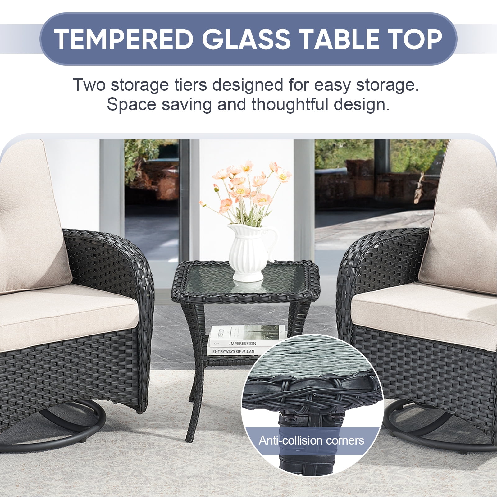 POCASSY 5 Pieces Black Wicker Outdoor Furniture Set, High Back Outdoor Conversation Set with Patio Rocking Chairs and External Propane Tank Firepit