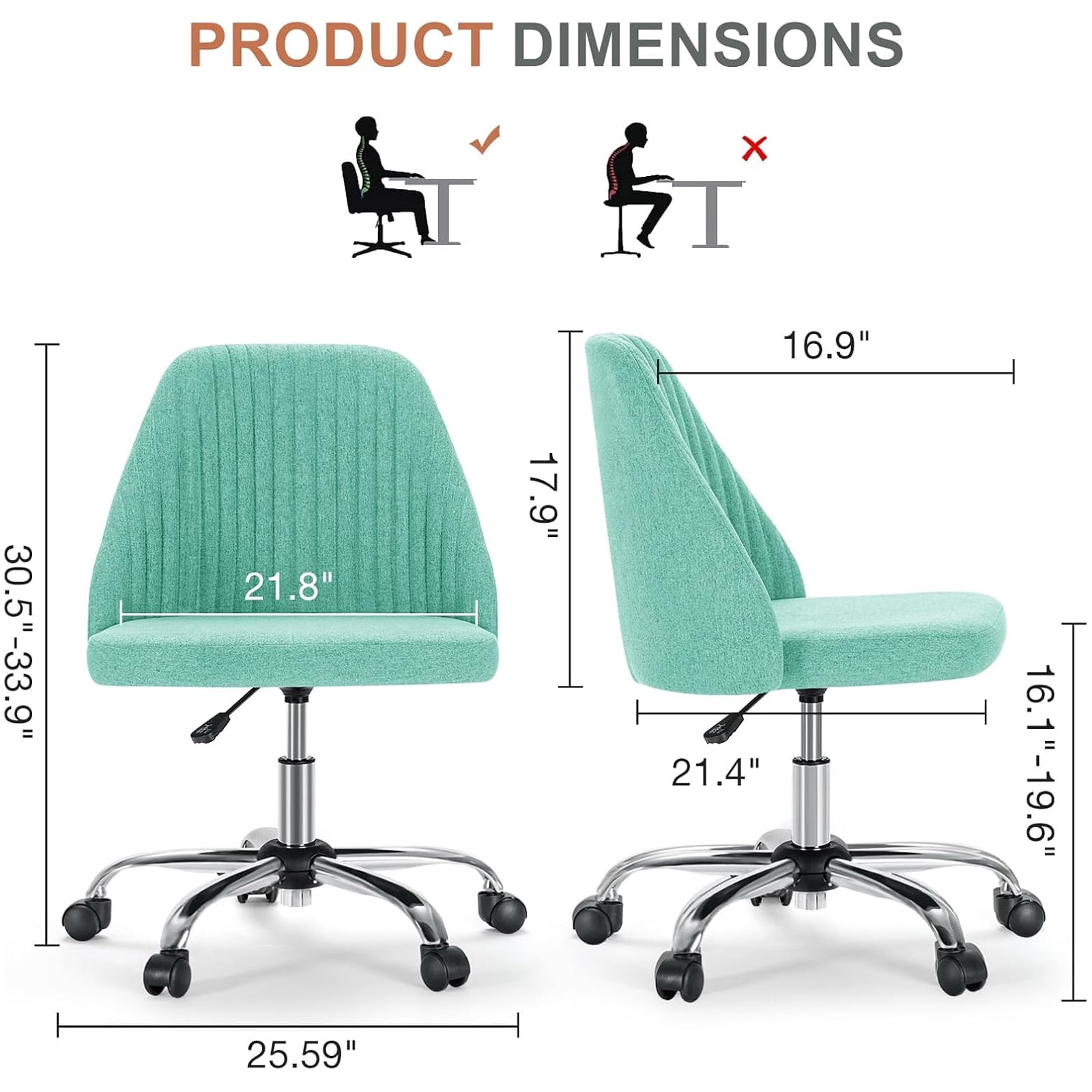 Casabay Armless Office Chair, Extra Cushion Padded Compact Upholstered Desk Chair with Back Support, Rolling Swivel Vanity Chair for Home Office, Green