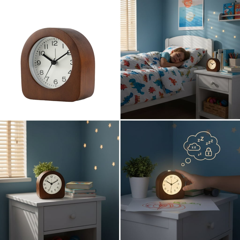 Quiet Wood Analog Alarm Clock for with Night Light Battery Operated Snoozes Bedside