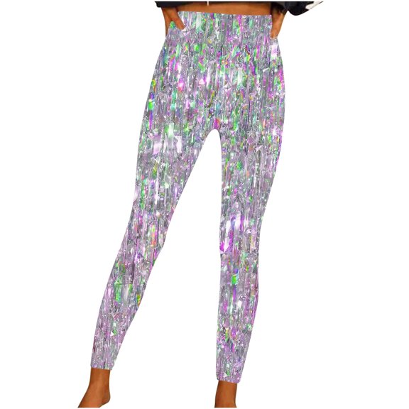 QQAMB Women’s Yoga Pants High Waisted Sequin Printed Straight Leg Fitness Sports Gym Casual Ladies Yoga Pants Purple M