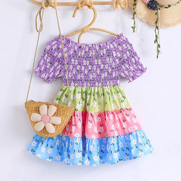 Vedolay Maxi Dress 2023 Toddler Girls Summer Dresses Short Sleeve Outfit,Purple 5-6 Years