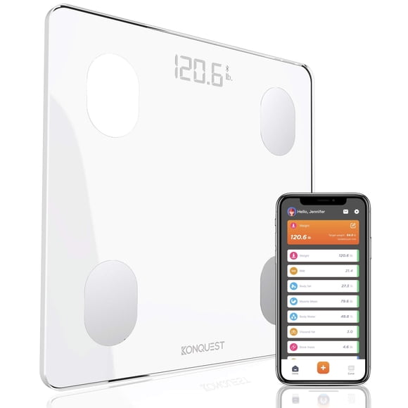 Báscula inteligente KONQUEST para peso corporal, báscula digital de baño con Bluetooth, IMC, grasa corporal, monitor de composición corporal, analizador de salud con aplicación para smartphone, 181 kg