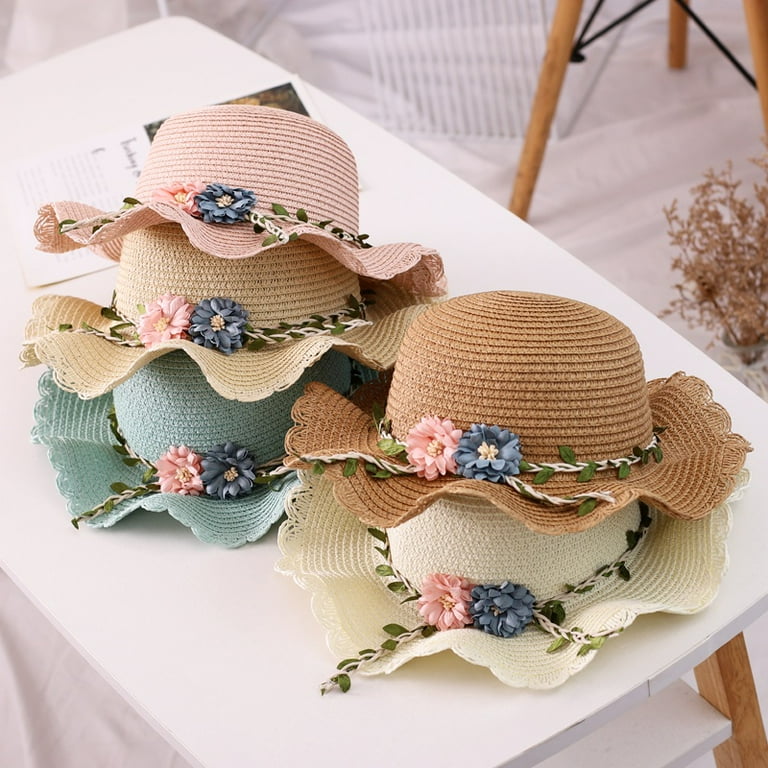 Uccdo Summer Girls Boho Flower Straw Beach Hat Kids Sun Protection