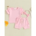 thumbnail image 2 of Nituyy Toddler Girls Summer Shorts Sets Short Sleeve Ruffle Tops Solid Color Shorts Headband Sets, 2 of 9