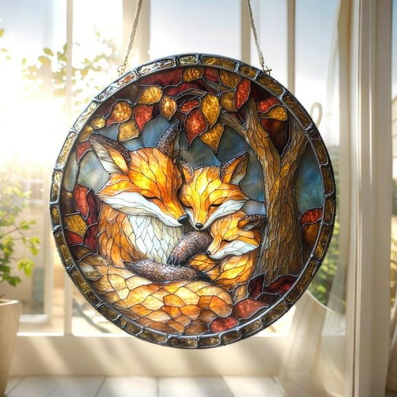 Fox Family Glass Suncatcher, Stained Glass Style Round Window Hanging, Woodland Fall Decor Gift For Mom Or Nature Lover