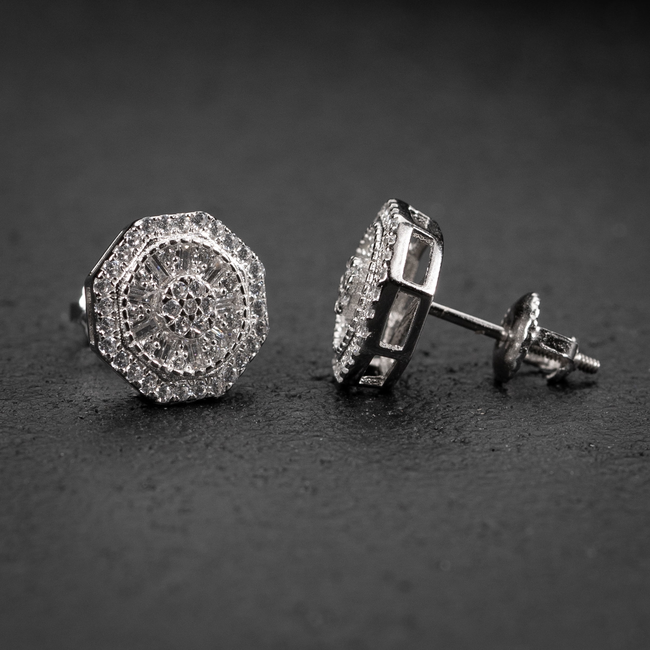 Men's Round White Gold 925 Sterling Silver Screw Back Post Cz Hip Hop Octagon Baguette Cut Cluster Stud Circle Earrings
