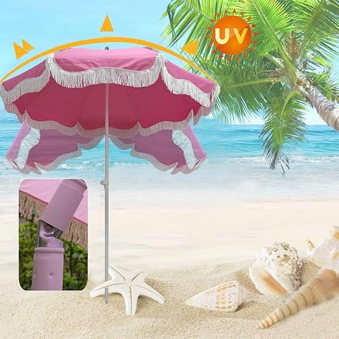 Pink 6.5ft Market Patio Umbrella with Fringe, Tilt, Adjustable Height, UV50+, Waterproof