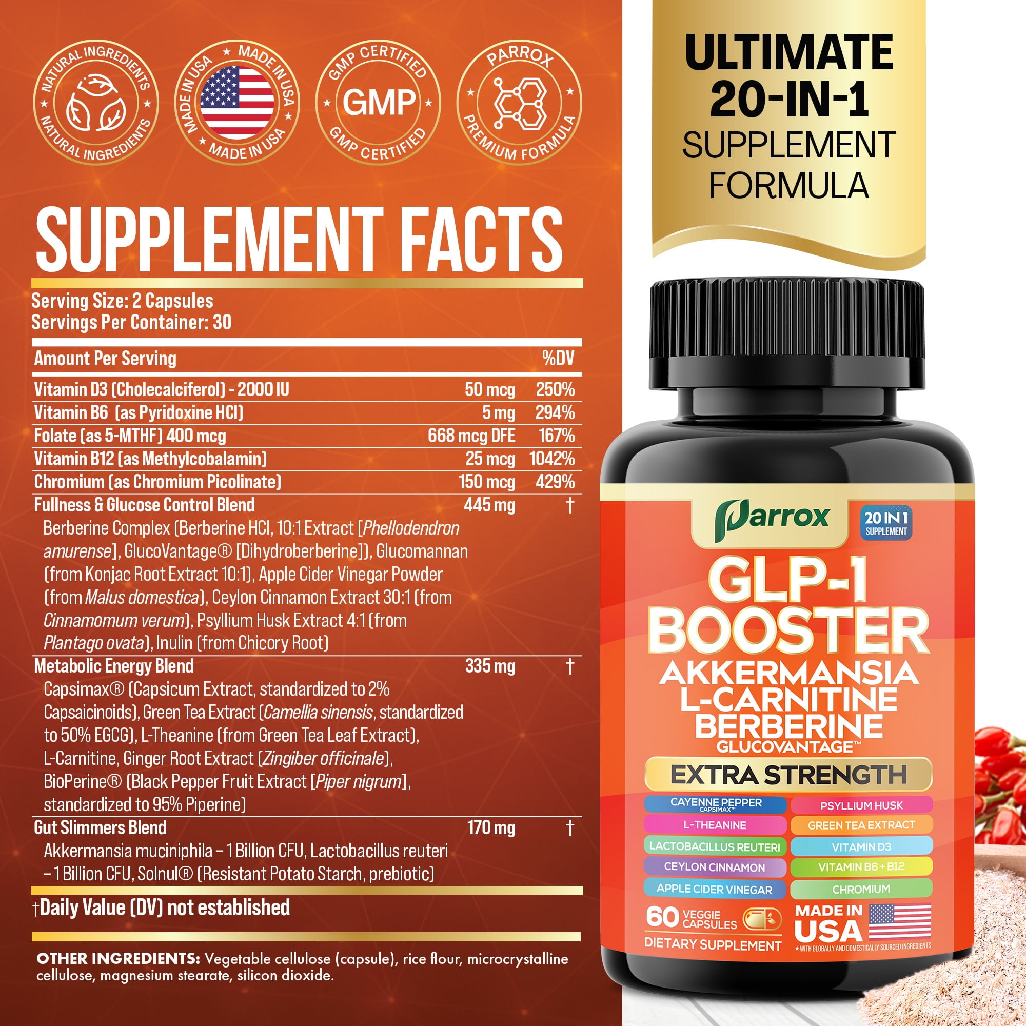 glp 1 with l carnitine Parrox Metaboost GLP-1 Booster Supplement with Akkermansia, L-Carnitine,Berberine  (GlucoVantage),Chromium,Capsimax,Psyllium Husk,Probiotics & Vitamins  D3,B6,B12, 20-in-1 Plant-Based Formula (60 Caps)