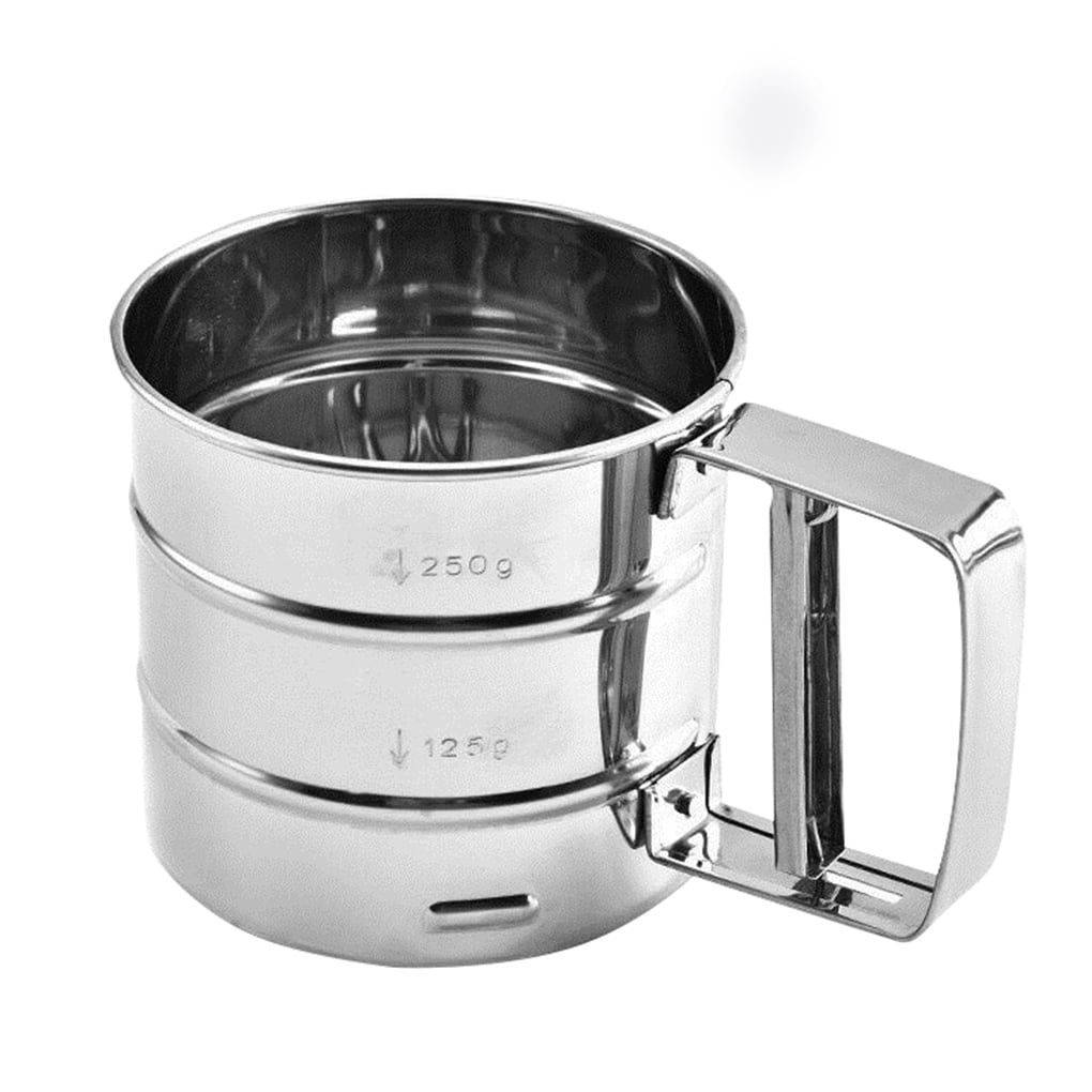Flour Sifter Stainless Steel Handheld Cup Shape Mesh Flour Sifter With Comfortable Handle and Measuring Scale Mark For Flour Sugar etc