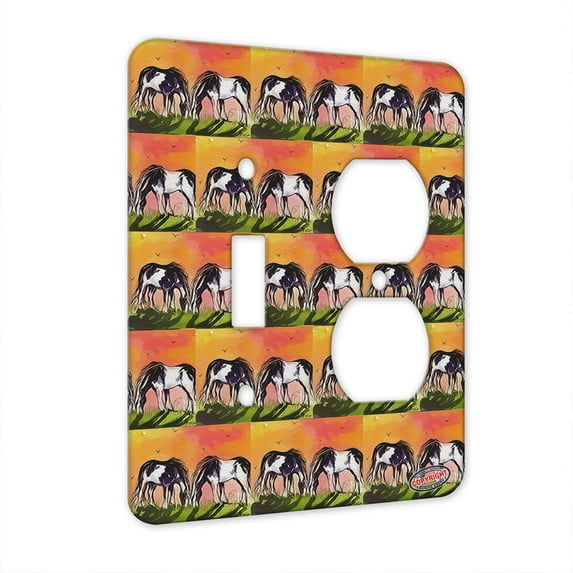 KuzmarK™ 2 Gang Single Toggle / Single Duplex Wall Plate - Piebald Gypsy Horses at Sundown Horse Modern Art by Denise Every