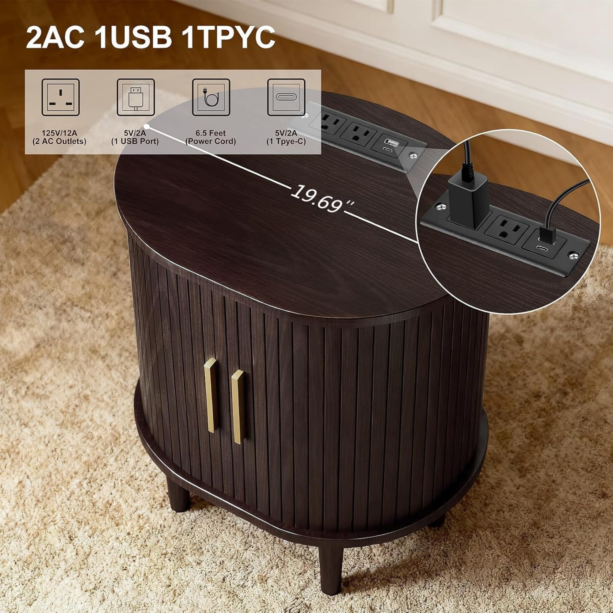 Mid Century Modern Nightstand with Charging Station, Fluted Side Table with Sliding Door & Adjustable Shelf, Coffee