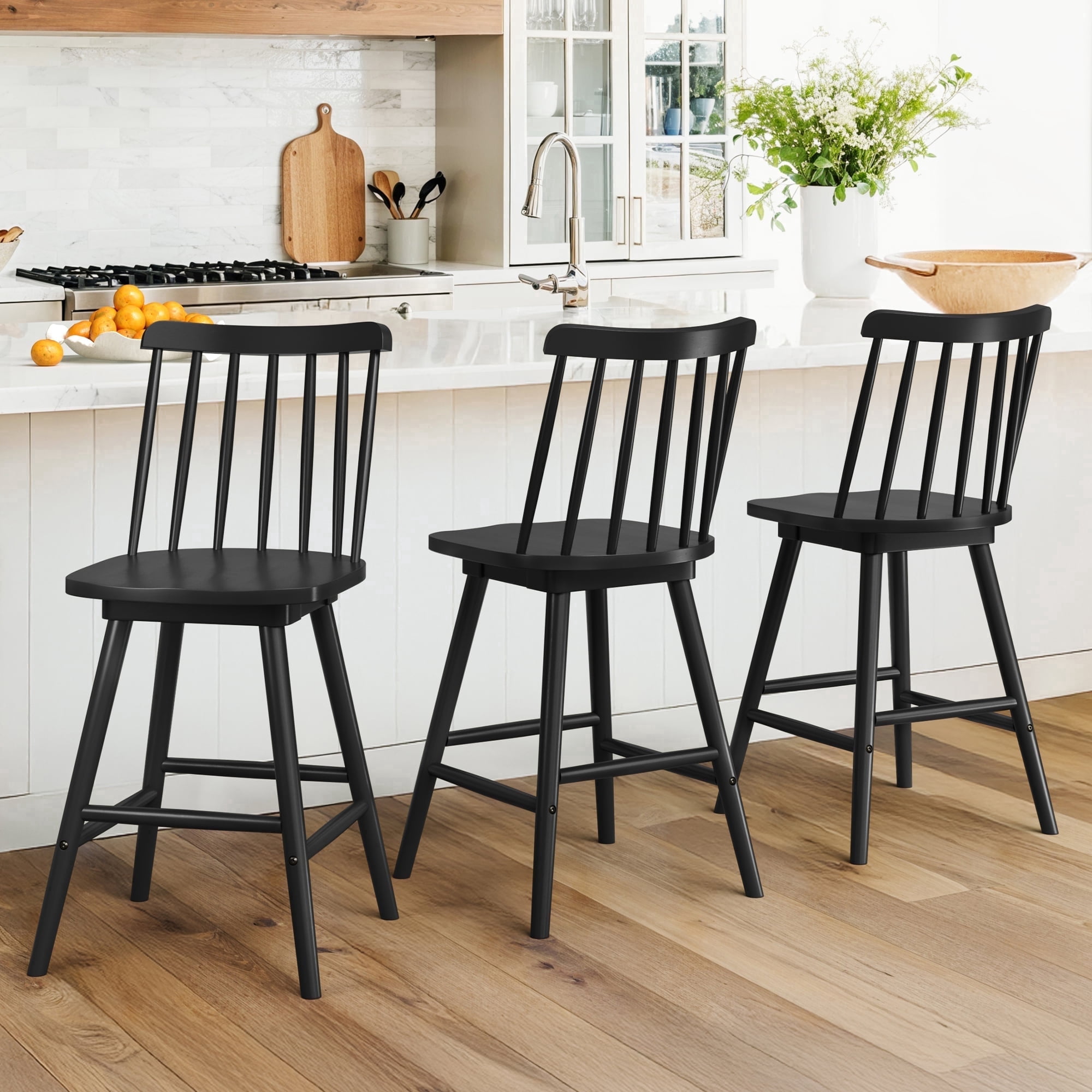 Carolayne 24'' Swivel Bar Stools Set of 3, Wooden Counter Height Bar Stools for Kitchen Island, Black
