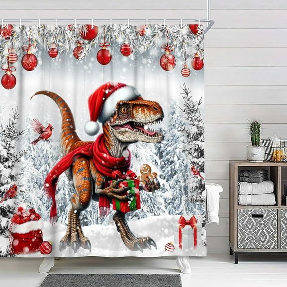 Christmas Kids Shower Curtain for Bathroom, Funny Cute Dinosaur Red Ball Boys Girls Shower Curtain Set, Winter Snow Forest Pine Tree Farmhouse Bathroom Accessories Decor, Hooks Included, 72X72in