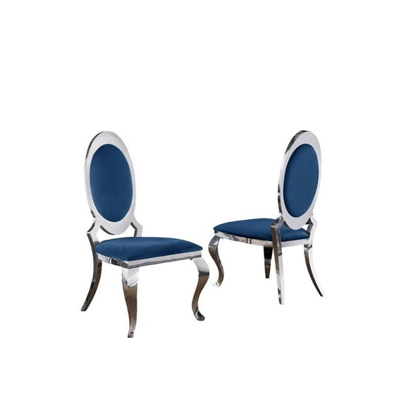 Classy Round Back Navy Blue Velvet Side Chairs with Silver Legs (Set of 2)