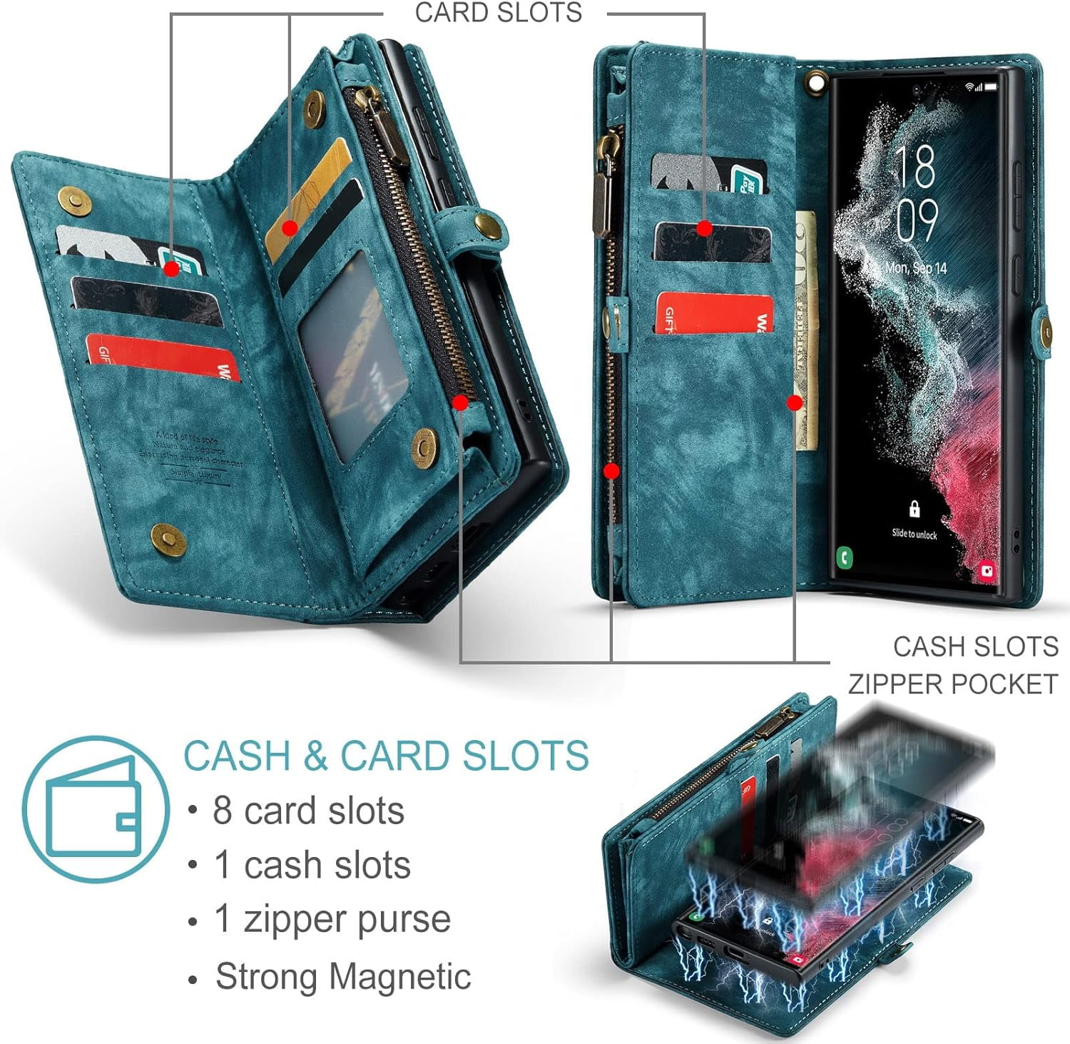 Asuwish Compatible with Samsung Galaxy S22 Ultra 5G Phone Case Zipper Wallet Tempered Glass Screen Protector Lanyard Strap Flip Card Holder Cell Cover for S22ultra 22S S 22 S22ultra5g 6.8 Women Blue