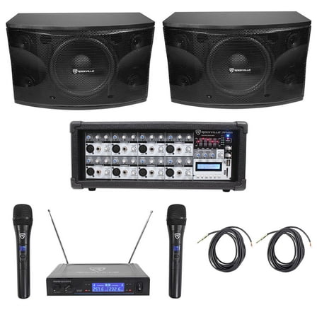 (2) Rockville KPS12 12" 3-Way 1600w Karaoke/Pro Speakers Amplifier Wireless Mics