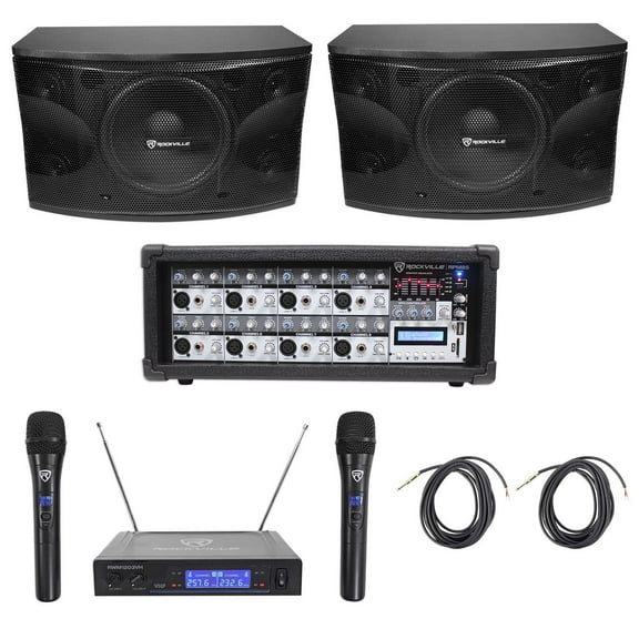 (2) Rockville KPS12 12" 3-Way 1600w Karaoke/Pro Speakers Amplifier Wireless Mics