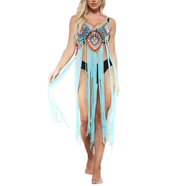 VISgogo - Bikini para mujer, sin mangas, para playa, con borlas caladas, vestido de verano VISgogo moda