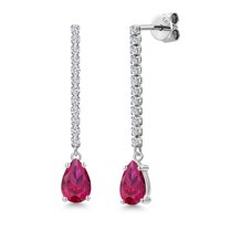 14K White Gold Red Created Ruby and White Lab Grown Diamond Long Liner Dangle Earrings for Women | 2.46 Cttw | Gemstone July Birthstone | Pear Shape 8X5MM | White Gold Chain Drop Earrings