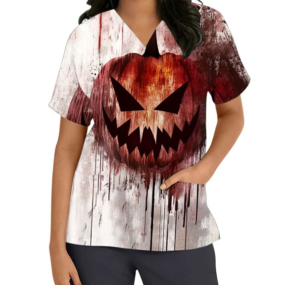 Zormilly Halloween Scrubs for Women Plus Size Pumpkin Printed V Neck Short Sleeve Scrub Tops with 2 Pockets, S-5XL