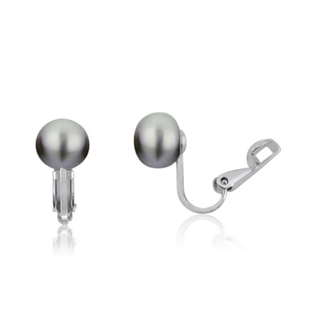 - Rhodium Plated Sterling Silver 8mm Gray Cultured Freshwater Pearls Clip On Earrings