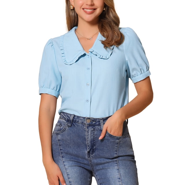 Camisa Chambray INSPIRE CHIC para mujer con cuello Peter Pan, mangas abullonadas, blusa de mezclilla vintage en azul Beau
