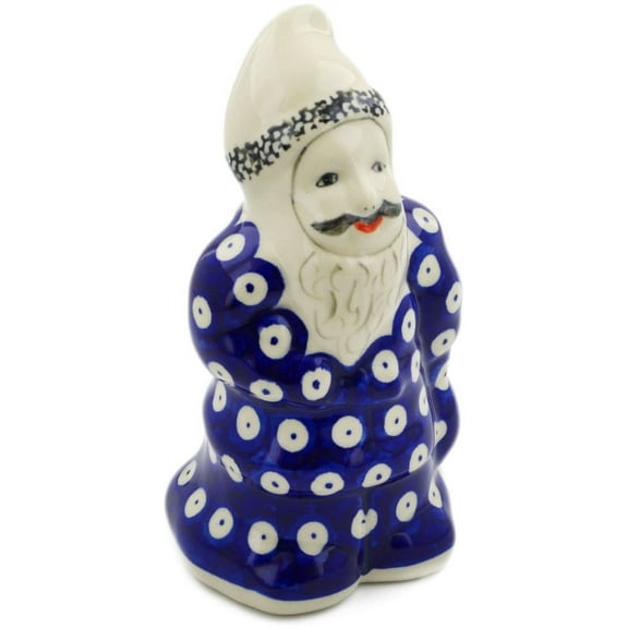 Polish Pottery 6½-inch Santa Clause Figurine (Blue Eyed Peacock Theme) Hand Painted in Boleslawiec, Poland Certificate of Authenticity