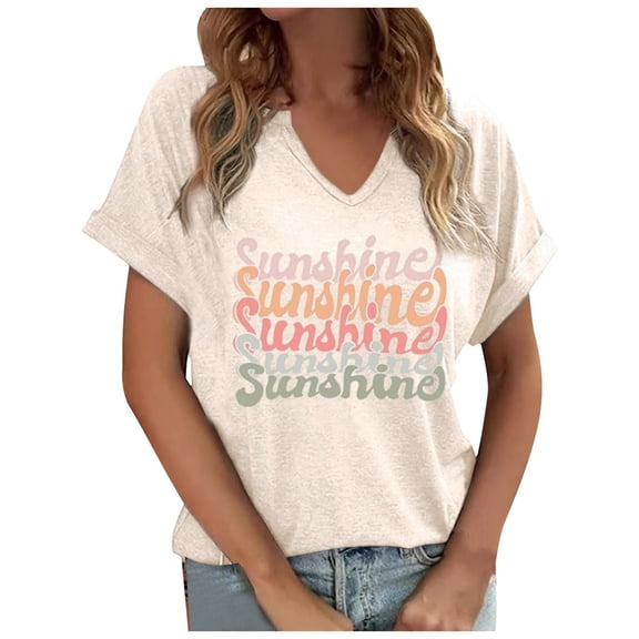 DHFJKG V Neck T Shirts For Women Letter Graphic Tees Relaxed Fit Short Sleeve Summer Tshirts