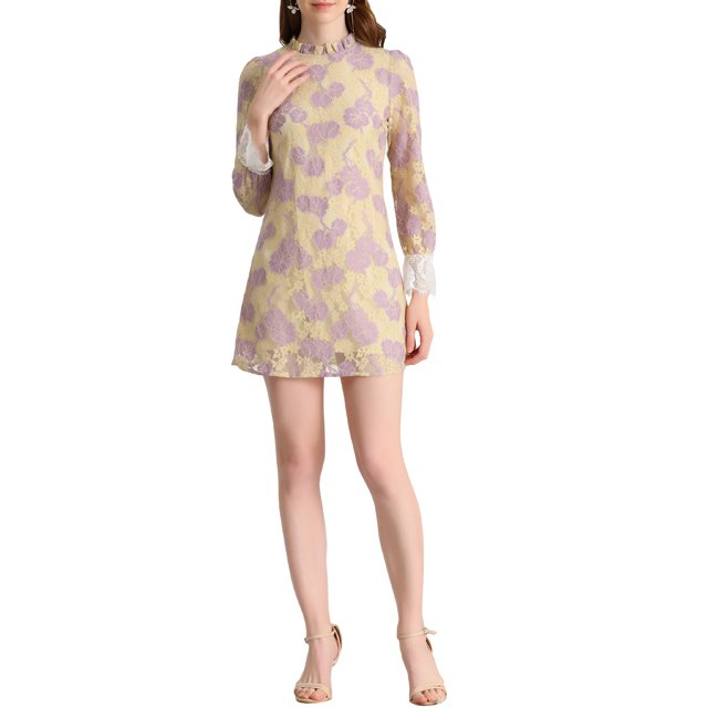 Unique Bargains Robe Mini Décontractée pour Juniors à Volants, Col Ras du Cou, Manches Longues, Dentelle Florale