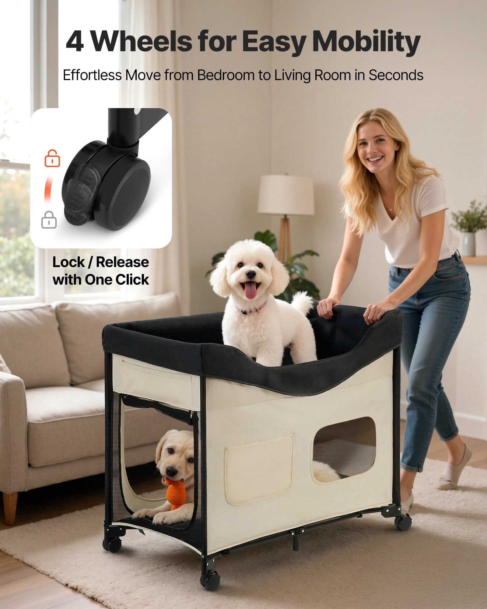 Elevated Lounge Pet Bed XL Foldable Bunk Dog Bed with Dual Levels, Swivel Wheels, Side Storage Bags, Waterproof Oxford Base, Carbon Steel Frame and Portable Design for Travel and Home Comfort