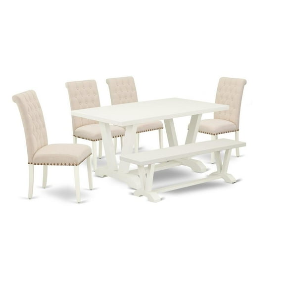 East West Furniture V-Style 6-piece Wood Dining Table Set in Linen White