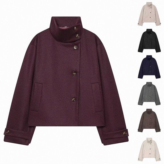 Viluyesy Womens Wool Blend Jacket Stand Collar Button Down Cropped Warm Winter Outerwear Red Size M